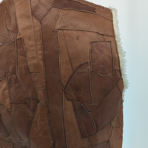 Men's Patchwork Shearling Lining Leather Vest Brown 40 rustic winter bohemian - Picture 9 of 9